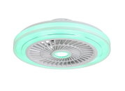 Moderne plafondventilator met groen led-licht, gezien van onderaf.