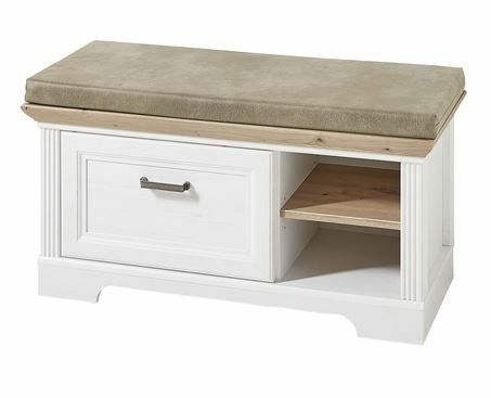 Landscape Bank JUDITH Weiße Bank mit Polsterkissen, Schublade und offenem Fach, seitliche Perspektive