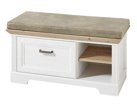Weiße Bank mit Polsterkissen, Schublade und offenem Fach, seitliche Perspektive