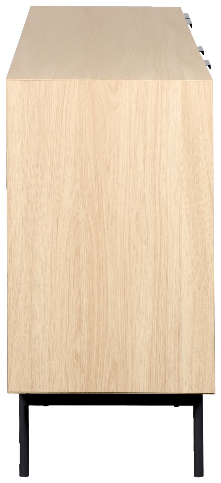 Heller Holzschrank mit schwarzem Metallgestell, Seitenansicht leicht von oben auf weißem Hintergrund