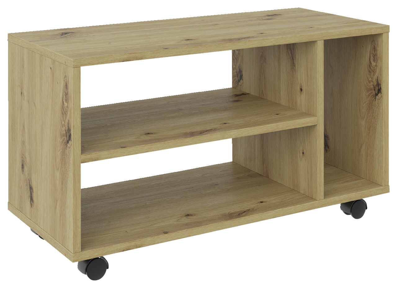 TV-Rollwagen aus Holz mit zwei Regalböden und Rollen, seitliche Perspektive