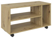 TV-Rollwagen aus Holz mit zwei Regalböden und Rollen, seitliche Perspektive
