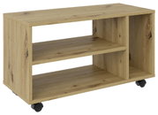 Houten tv-rolwagen met twee planken en wieltjes, zijaanzicht