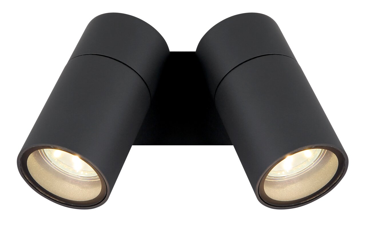 Globo Lighting Aussenwandleuchte PIPER Moderne schwarze Außenwandleuchte mit zwei zylindrischen Strahlern, Ansicht von vorne.