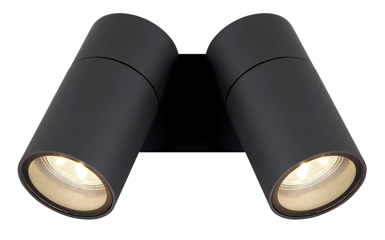 Moderne schwarze Außenwandleuchte mit zwei zylindrischen Strahlern, Ansicht von vorne.