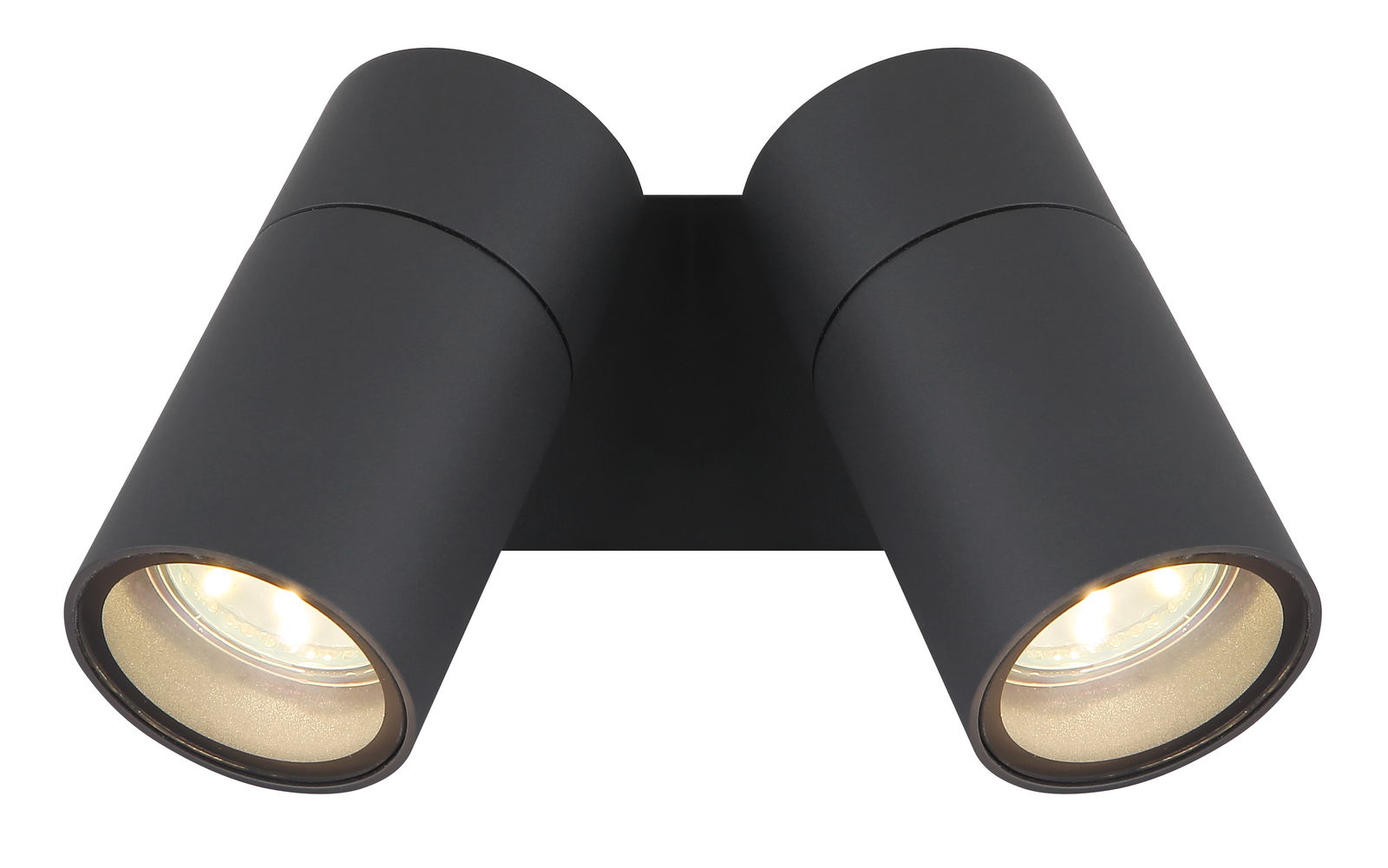 Globo Lighting Aussenwandleuchte PIPER Moderne schwarze Außenwandleuchte mit zwei zylindrischen Strahlern, Ansicht von vorne.