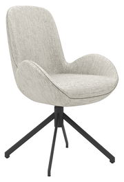 Moderner Armlehnstuhl mit hellgrauem Stoffbezug und schwarzem Metallgestell, seitliche Perspektive