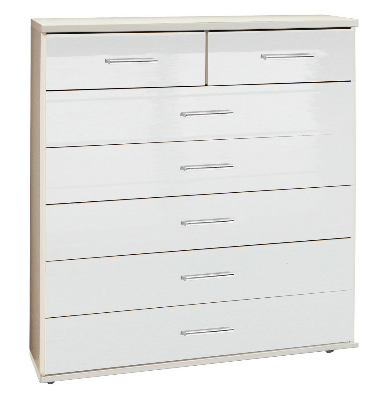 Weiße Schubkastenkommode mit mehreren Schubladen, frontal abgebildet.