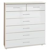 Weiße Schubkastenkommode mit mehreren Schubladen, frontal abgebildet.