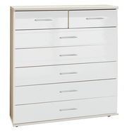 Weiße Schubkastenkommode mit mehreren Schubladen, frontal abgebildet.