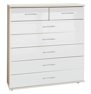 Weiße Schubkastenkommode mit mehreren Schubladen, frontal abgebildet.