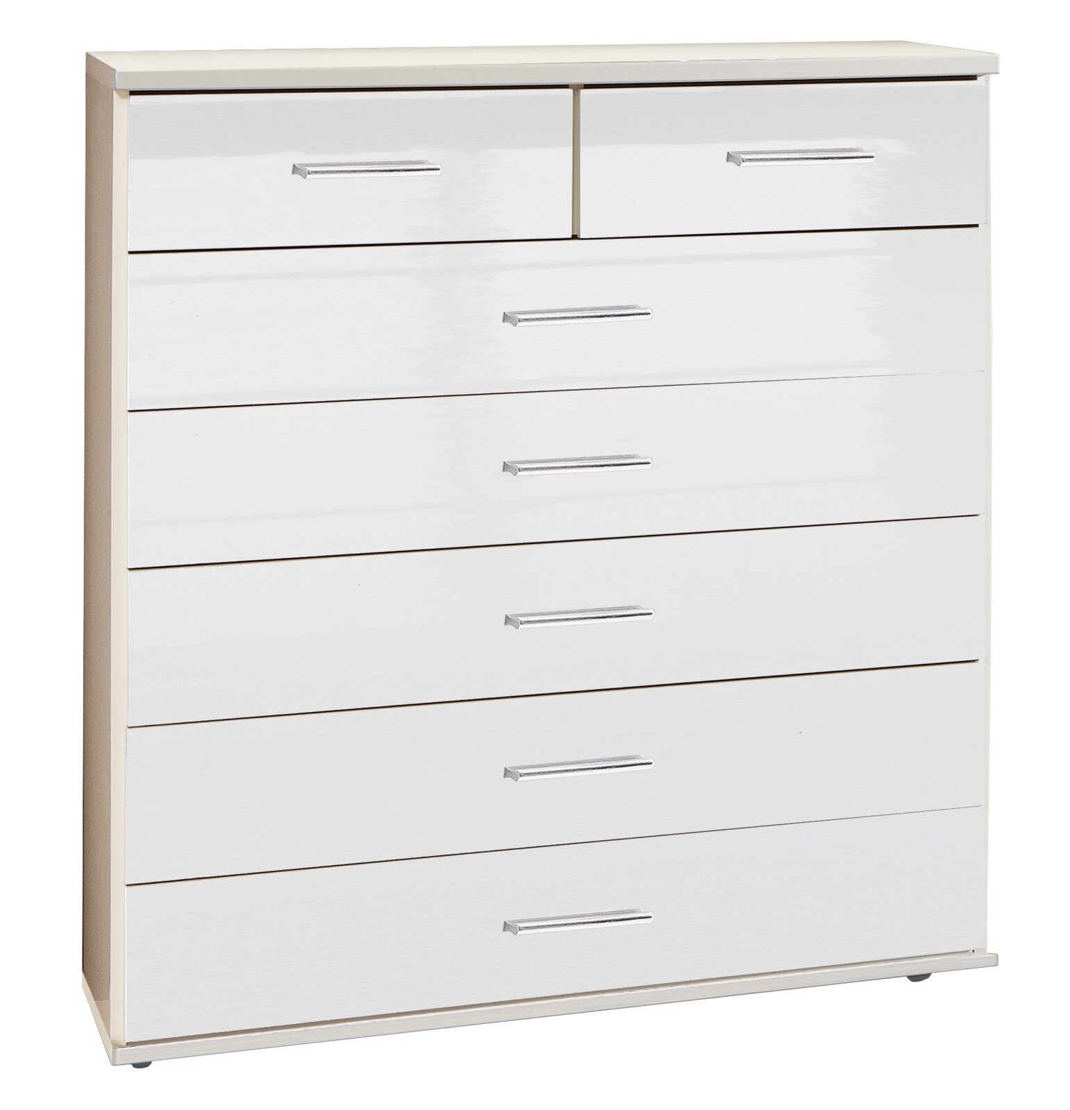 Weiße Schubkastenkommode mit mehreren Schubladen, frontal abgebildet.
