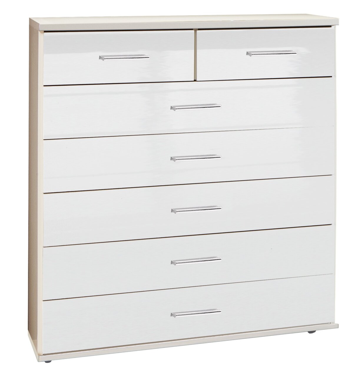 XORA Schubkastenkommode MALTA Weiße Schubkastenkommode mit mehreren Schubladen, frontal abgebildet.