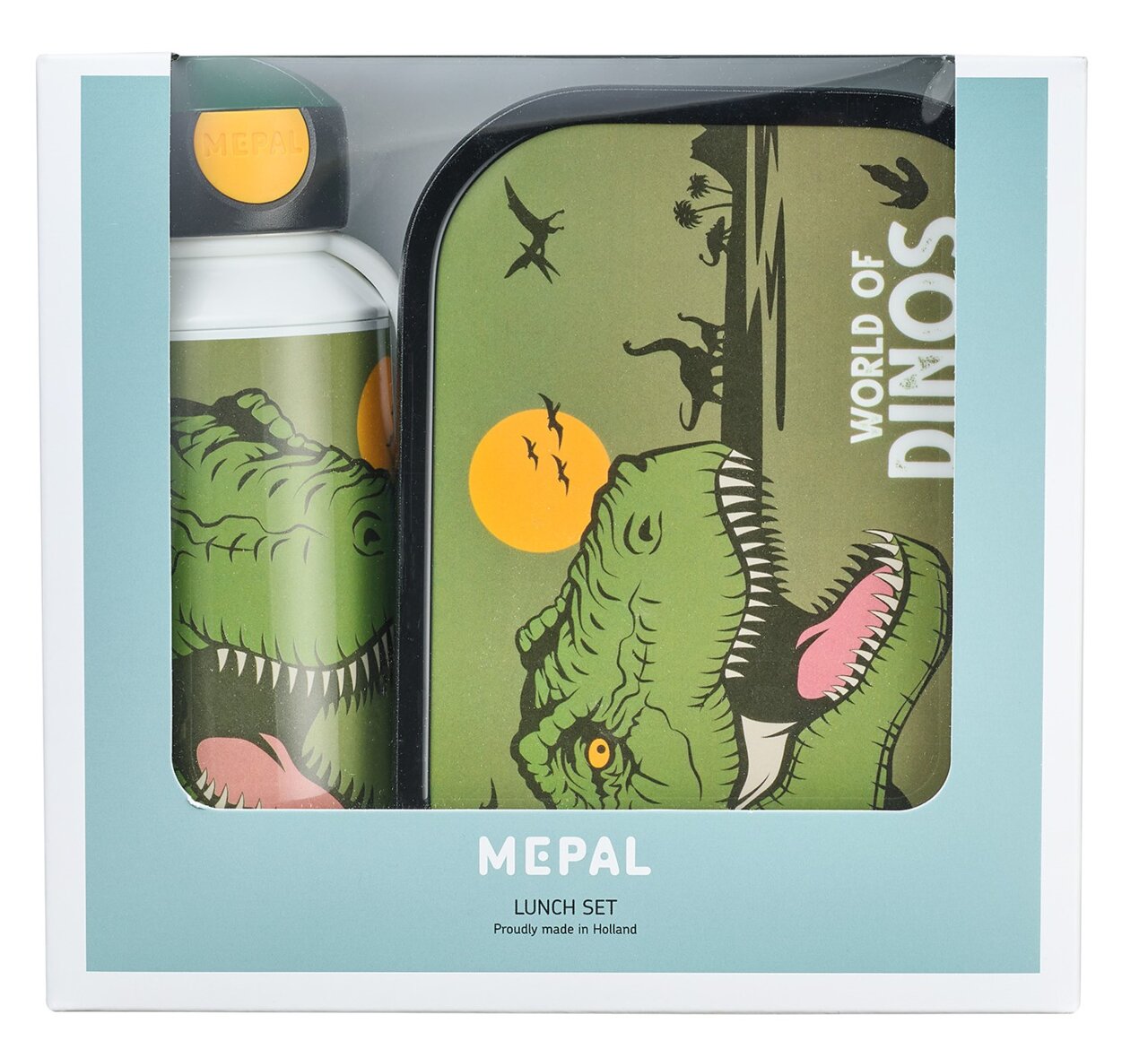 Campus-Set 2-tlg. Dino mit Trinkflasche und Brotdose, Vorderansicht, Dinosaurier-Motiv