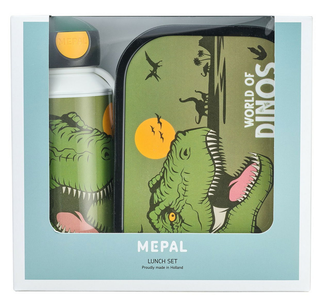 Campus-Set 2-tlg. Dino mit Trinkflasche und Brotdose, Vorderansicht, Dinosaurier-Motiv