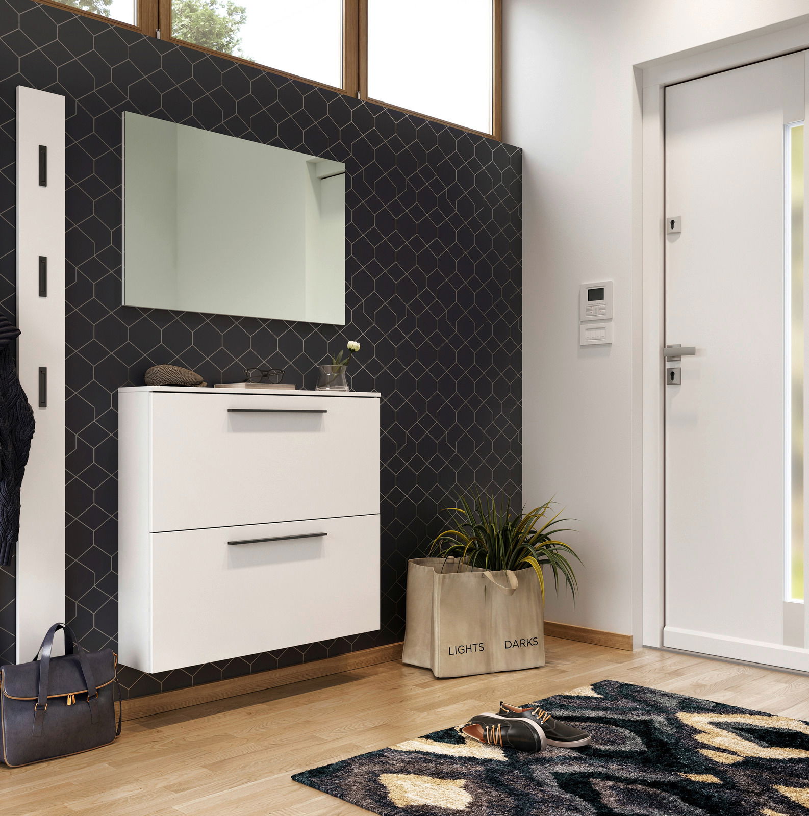 Moderner Eingangsbereich mit weißem Schuhschrank und Spiegel, seitliche Perspektive.