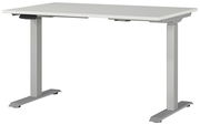 Moderner E-Schreibtisch in Weiß mit höhenverstellbaren Beinen, seitliche Perspektive