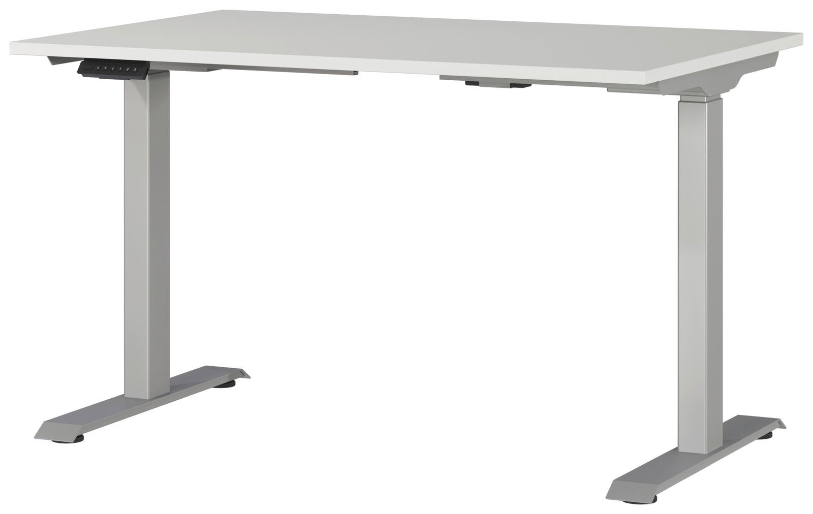 Moderner E-Schreibtisch in Weiß mit höhenverstellbaren Beinen, seitliche Perspektive