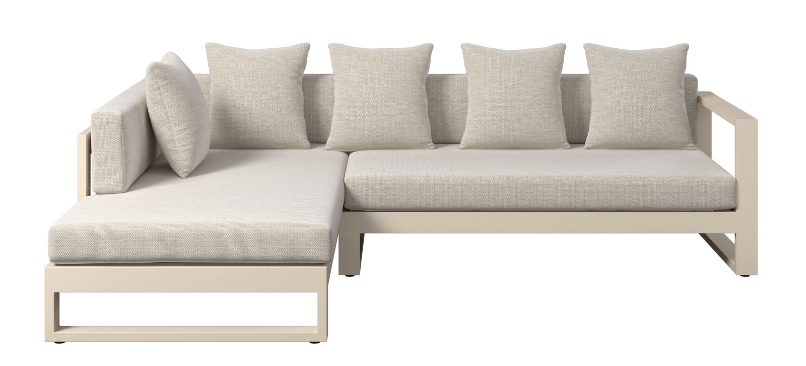 Frontale Ansicht eines modernen Lounge-Sets mit beigen Kissen und einem L-förmigen Design.