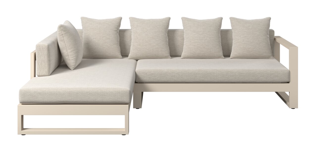 Frontale Ansicht eines modernen Lounge-Sets mit beigen Kissen und einem L-förmigen Design.