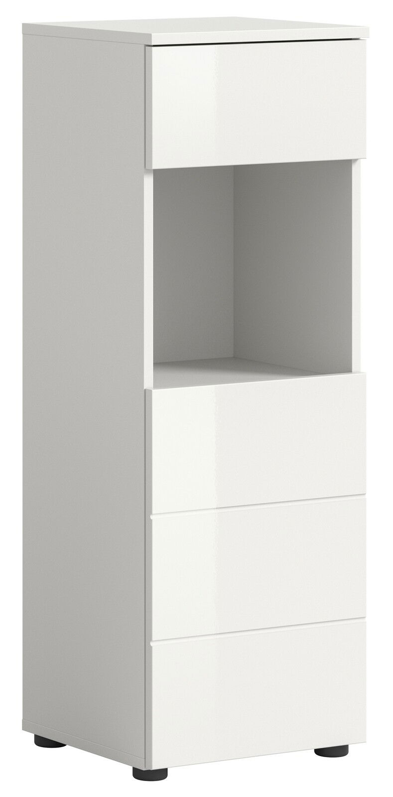Weißer Standschrank mit drei Schubladen und einem offenen Fach, seitliche Perspektive