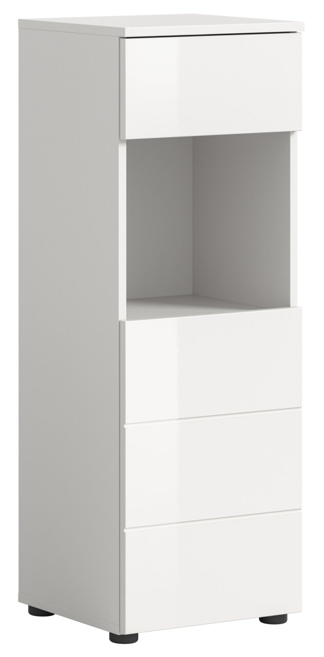 Weißer Standschrank mit drei Schubladen und einem offenen Fach, seitliche Perspektive