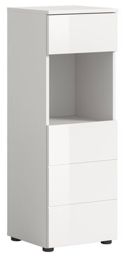 Weißer Standschrank mit drei Schubladen und einem offenen Fach, seitliche Perspektive