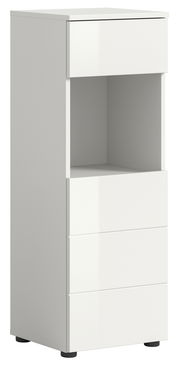 Weißer Standschrank mit drei Schubladen und einem offenen Fach, seitliche Perspektive