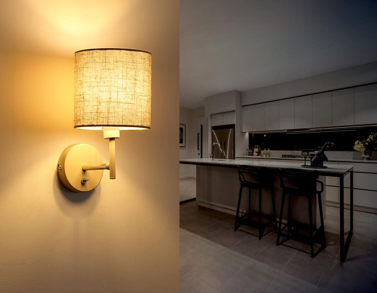 Globo Lighting Wandleuchte DELEON Moderne Wandleuchte mit Stoffschirm, seitliche Perspektive, beleuchtet eine stilvolle Küche.