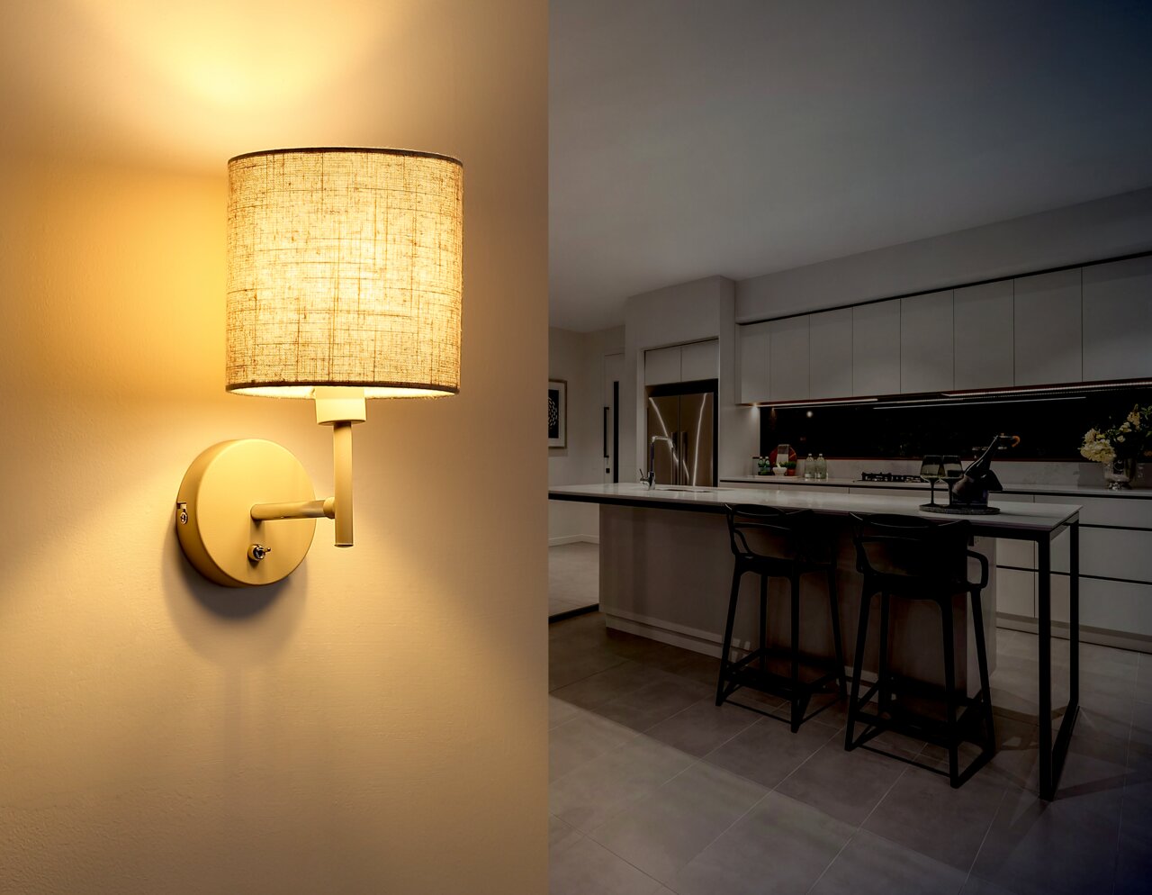 Moderne Wandleuchte mit Stoffschirm, seitliche Perspektive, beleuchtet eine stilvolle Küche.