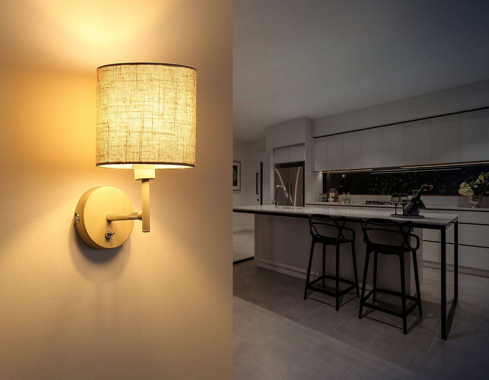 Moderne Wandleuchte mit Stoffschirm, seitliche Perspektive, beleuchtet eine stilvolle Küche.