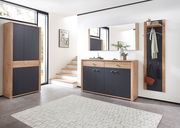 Moderne Garderobeneinrichtung mit Holz- und dunklen Elementen, bestehend aus einem Garderobenschrank, einer Kommode mit Spiegel und einem schmalen Garderobenpaneel, seitliche Perspektive.