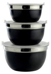 Dreiteiliges Schüsselset mit Deckel, gestapelt, seitliche Perspektive