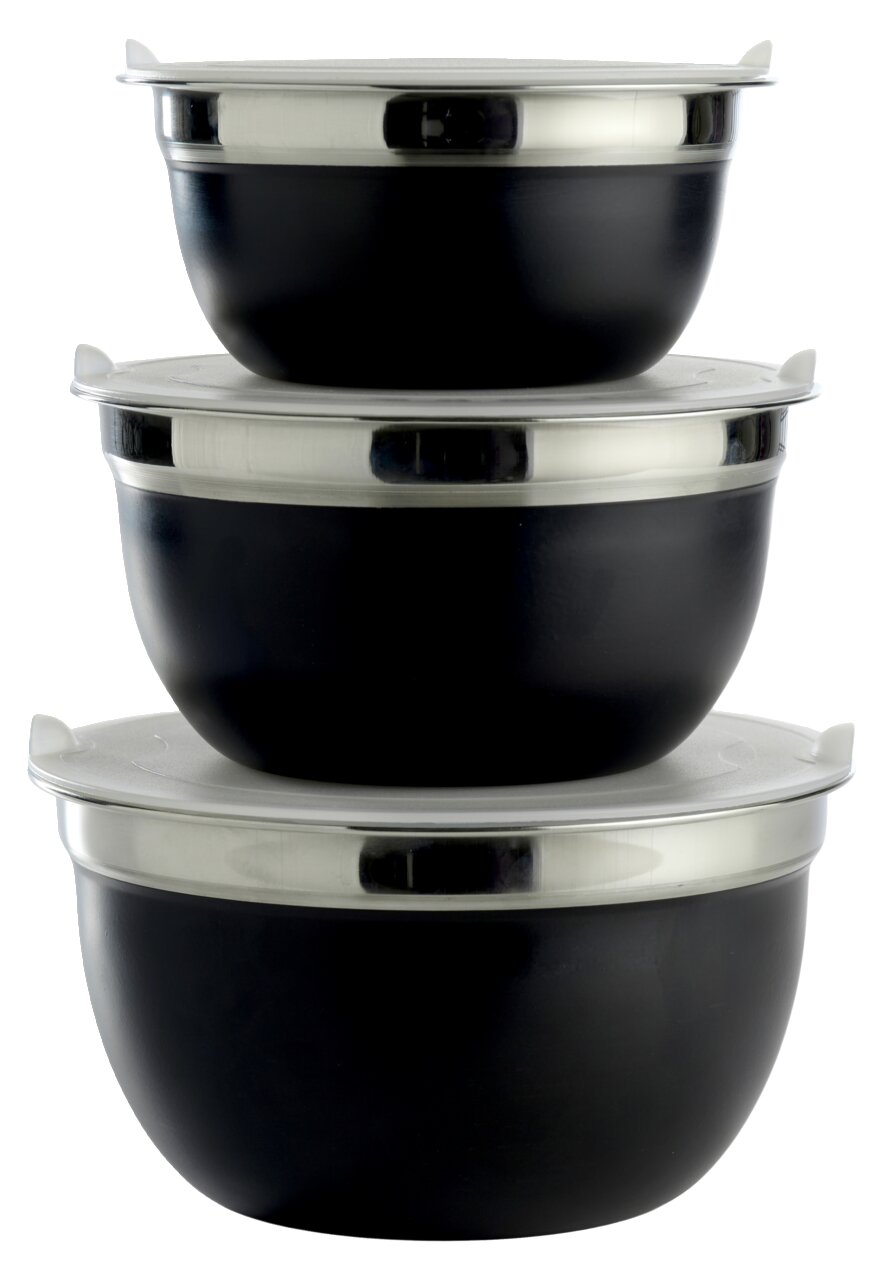 Dreiteiliges Schüsselset mit Deckel, gestapelt, seitliche Perspektive