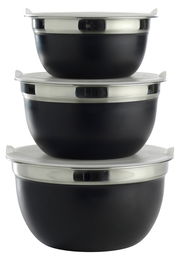 Dreiteiliges Schüsselset mit Deckel, gestapelt, seitliche Perspektive