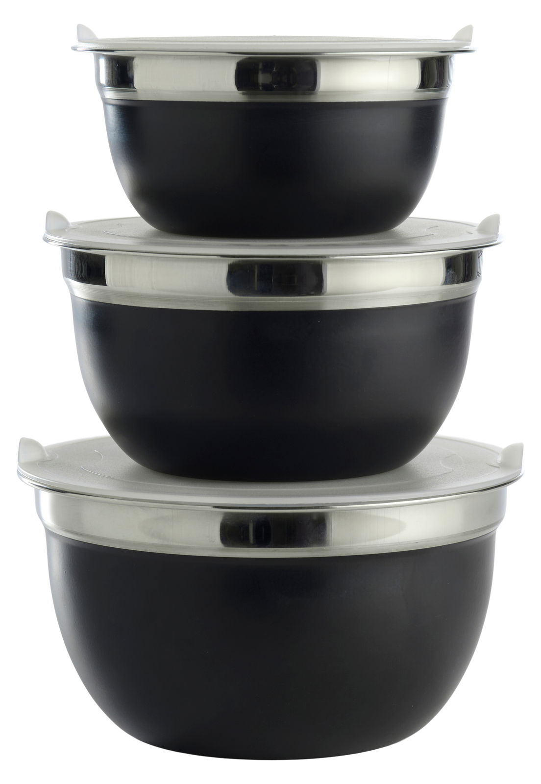 Dreiteiliges Schüsselset mit Deckel, gestapelt, seitliche Perspektive