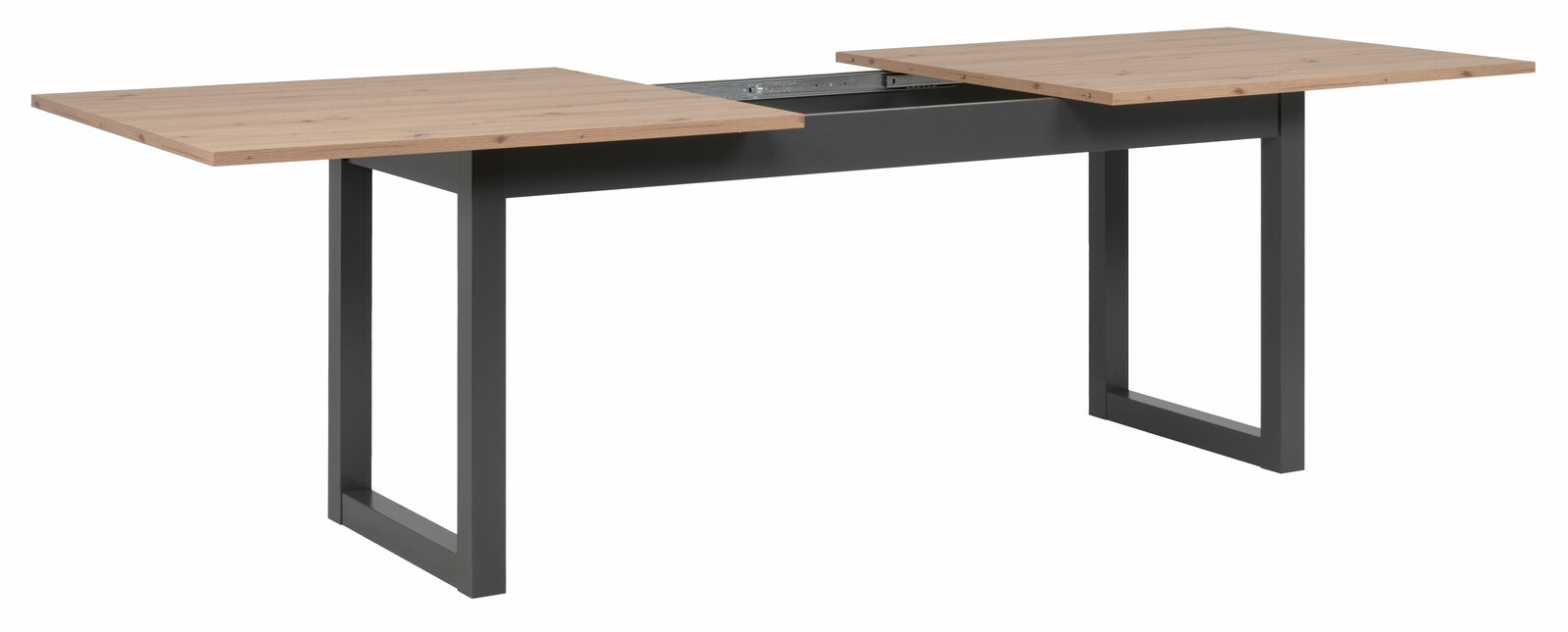 Moderner Esstisch mit ausziehbarer Holzplatte und schwarzem Metallgestell, seitliche Perspektive.