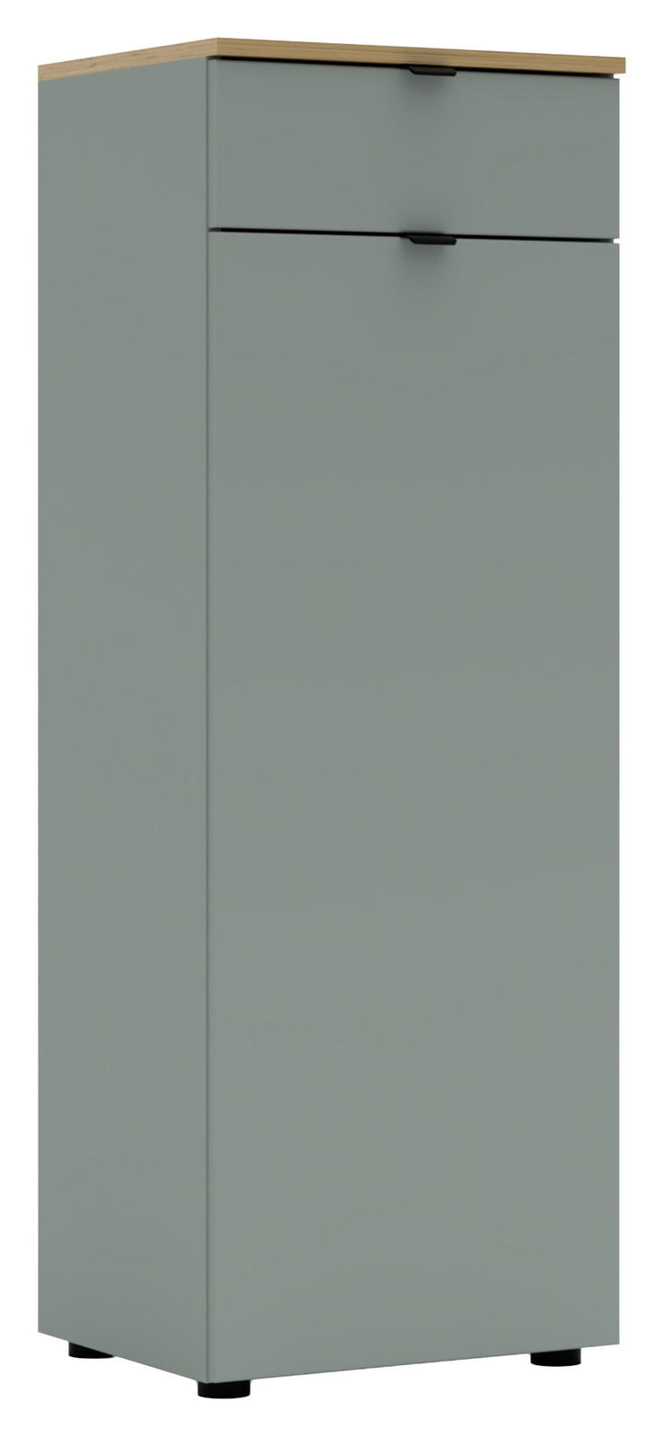 Voleo Highboard DIANA Grauer Büroschrank mit zwei Schubladen und Holzoberfläche, seitliche Perspektive