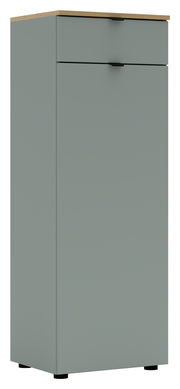 Grauer Büroschrank mit zwei Schubladen und Holzoberfläche, seitliche Perspektive