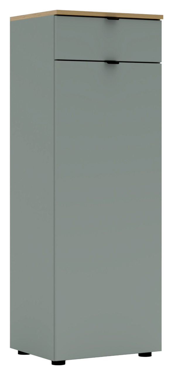 Voleo Highboard DIANA Grauer Büroschrank mit zwei Schubladen und Holzoberfläche, seitliche Perspektive