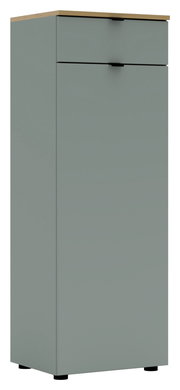 Grauer Büroschrank mit zwei Schubladen und Holzoberfläche, seitliche Perspektive