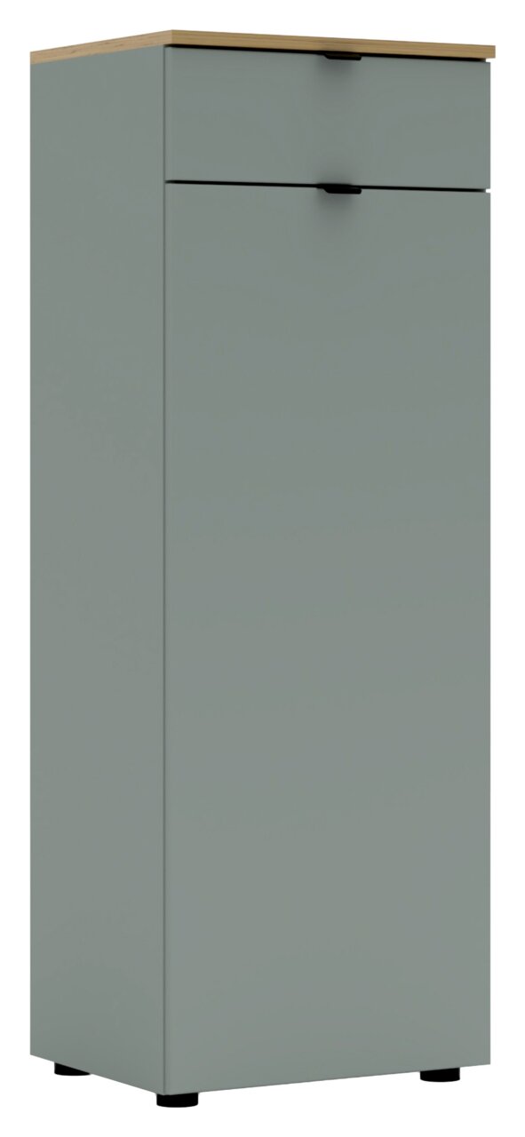 Grauer Büroschrank mit zwei Schubladen und Holzoberfläche, seitliche Perspektive