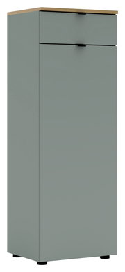 Grauer Büroschrank mit zwei Schubladen und Holzoberfläche, seitliche Perspektive