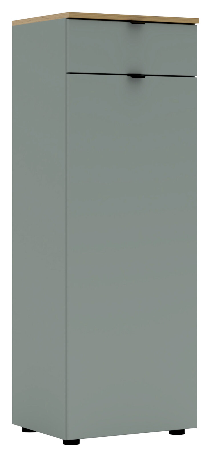 Grauer Büroschrank mit zwei Schubladen und Holzoberfläche, seitliche Perspektive