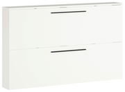 Weißer Schuhschrank mit zwei Klappen und schwarzen Griffen, seitliche Perspektive