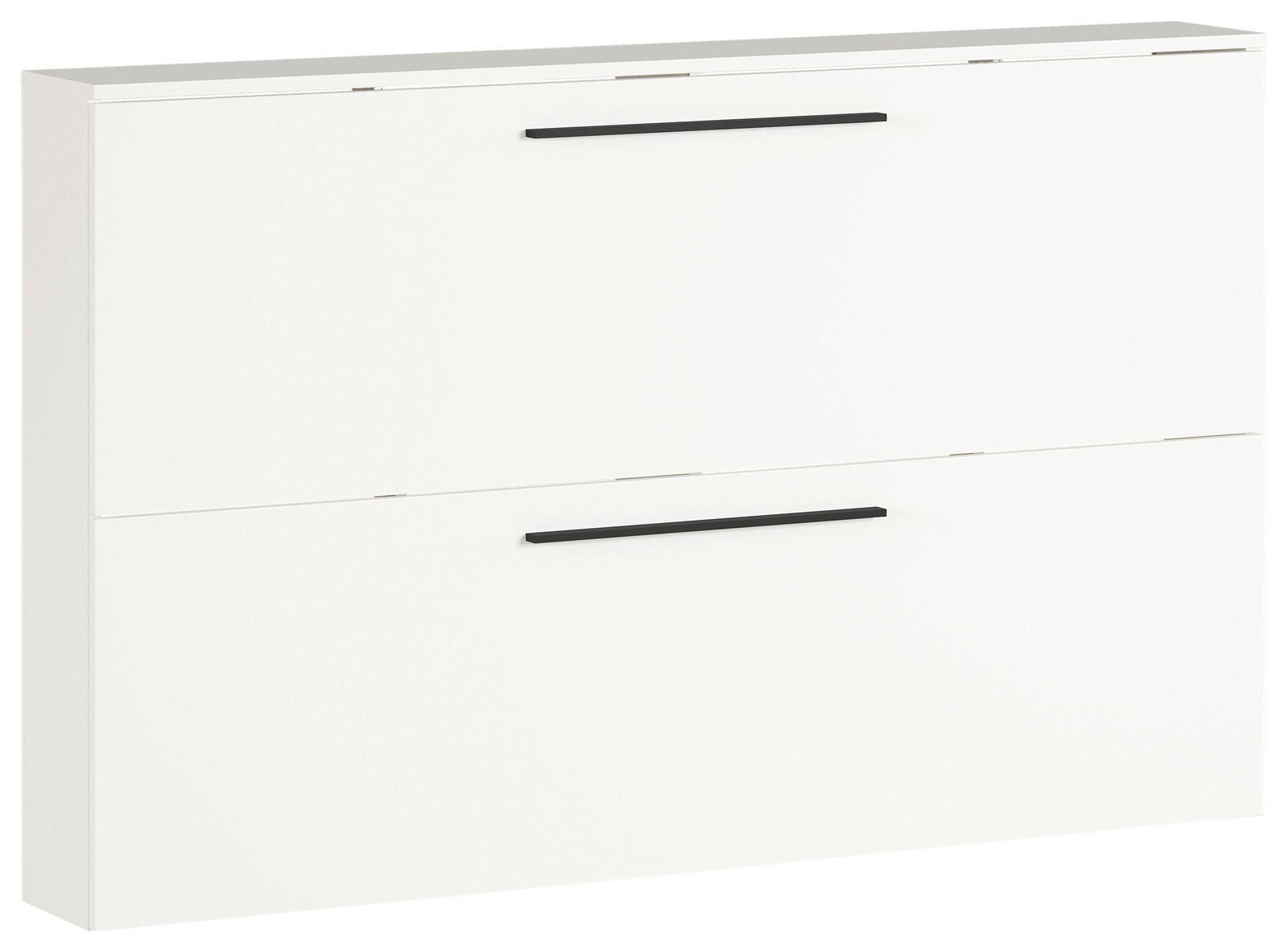 Weißer Schuhschrank mit zwei Klappen und schwarzen Griffen, seitliche Perspektive