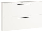 Weißer Schuhschrank mit zwei Klappen und schwarzen Griffen, seitliche Perspektive