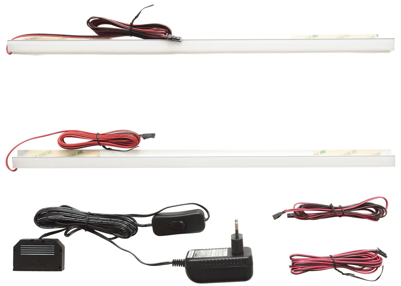 LED-Rückwandbeleuchtung mit Kabeln und Netzteil, seitliche Perspektive