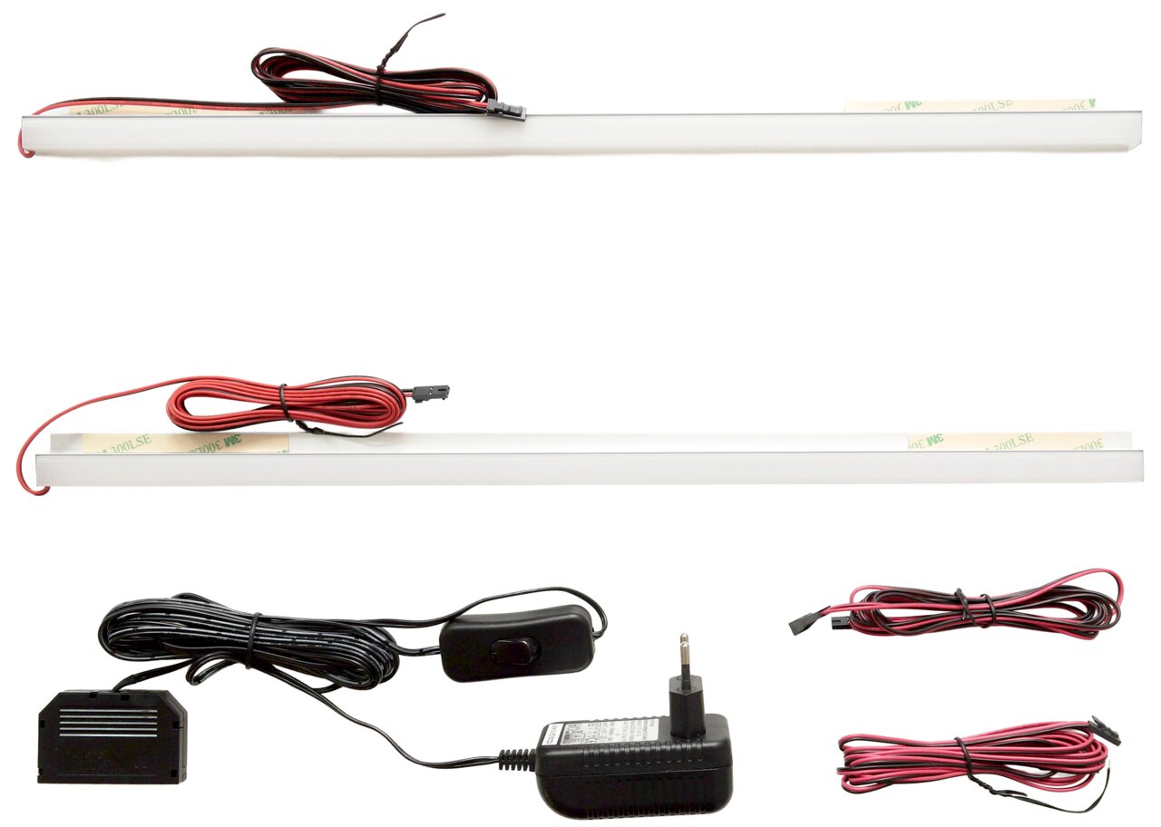 LED-Rückwandbeleuchtung mit Kabeln und Netzteil, seitliche Perspektive