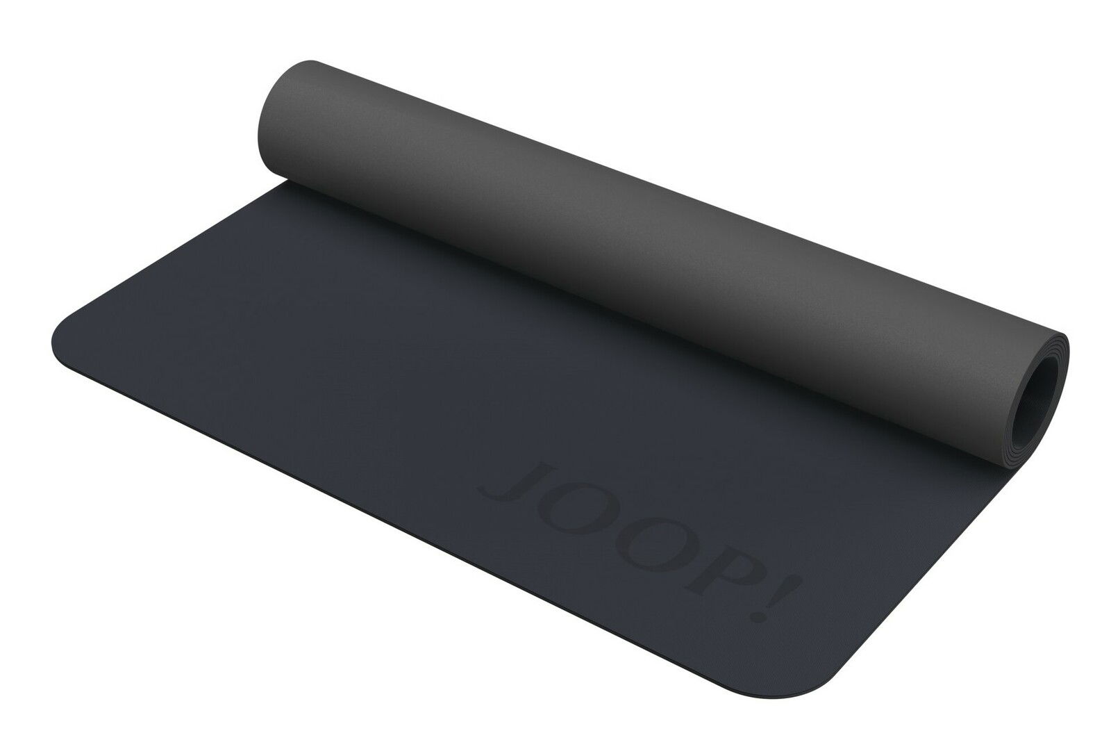 Dunkelgraue Yogamatte mit aufgerolltem Ende, von schräg oben fotografiert, mit dem Schriftzug 'JOOP!'
